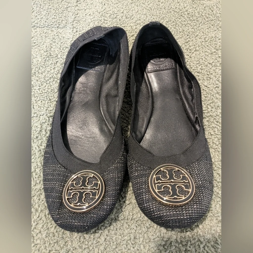 Tory Burch Black Gold Tweed Leather Emblem Slip-On Caroline Ballet Flats 7.5 M